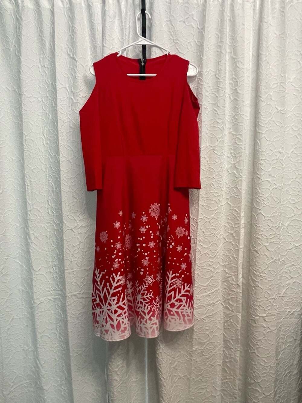 Christmas Snowflake Cold Shoulder Dress Red Festive Holiday Midi